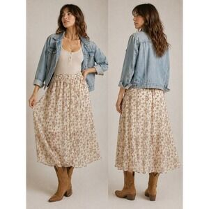 Cottagecore Vintage Express Floral Sheer Midi Skirt, XL 1X, Cream‎ Pink